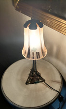 Antique wrought iron lamp, pressed molded tulip decorated. 