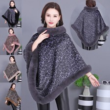 Femme Léopard Manches Fausse Fourrure Cape Poncho Chaud Drapé Cape Bord Fourrure