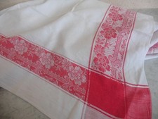 ANTIQUE NAPOLEON III WHITE DAMASK TABLECLOTH WIDE RED LINTELS 130X140 CM
