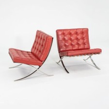 1995 Pair of Mies van der Rohe Barcelona Lounge Chairs with Stainless Frames Red