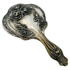 Antique Sterling Silver Hand Mirror Rose Motif Art Nouveau MARKED