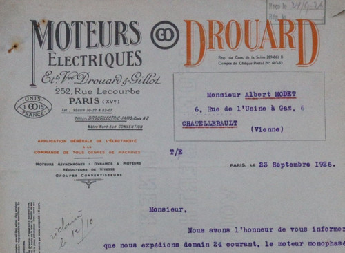 Facture 1926 paris moteurs - 1926,