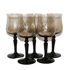 Lot of 5 Vintage Smoked Twisted Glass Wine Glasses with Black Foot.