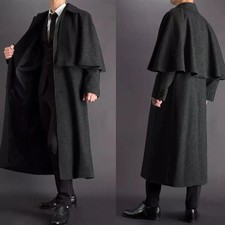 Men Inverness Overcoat with Cape Winter Warm Black Wool Blend Coat Outdoor Wear