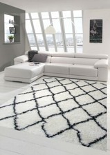 Shaggy Salon Tapis Shaggy longue pile motif de diamant en crème noir