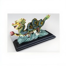 Chinese Feng Shui Lucky Color Dragon w/ Waves on Base Figurine Statue