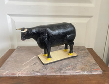 Ancien Santon Sculpture Taureau Bois Noir Jaune Style Picasso FAIT MAIN Artiste