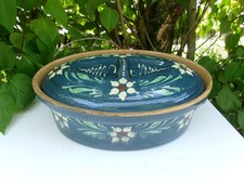 Old large terrine Baeckeoffe earth dish varnish Alsace blue flower 36 cm 3kg300