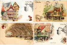 EXPO 1900 ROBIDA ARTIST SIGNED LE VIEUX PARIS 37 VINTAGE LITHO POSTCARDS (L7358)