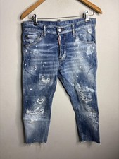 DSQUARED2 Jeans Mens 48 Blue Distressed Paint Splatter Raw Hem Cropped Ripped