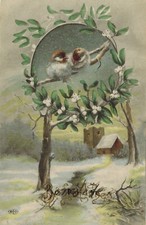 1900-Old postcard-Happy New Year-Red throat in medallion-Sparrow