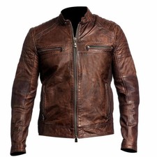 MENS REAL LEATHER CAFE RACER BIKER JACKET VINTAGE MOTORCYCLE BROWN