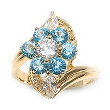 Bague Fleur T56 Diamant et Topaze Turquoise Cz 13mm Plaqué Or 18K Dolly-Bijoux