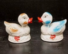 Pair Of Vintage Oriental Porcelain Ducks Luster Blue Orange