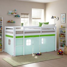 Cadre de Lit superposé enfant 90x200 Lit Mezzanine Bois Rideau Vert Homestyle4u
