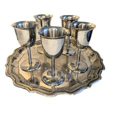 Serving Tray & Wine Goblets Set Dinner Party Bar Vintage Silver Style Table Wea