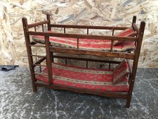 Lit Superposé Poupée Ancien Bois + Matelas & Coussins Tissu Vintage #C056