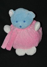 🍀Doudou Ours Boule Rose MUSTELA MUSTI Bleu Blanc Echarpe Peluche 22 Cm TTBE
