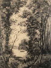 Grand Dessin XIXe 1850 crayon Bateau Barque Romantisme Arbre Ancien A Identifier