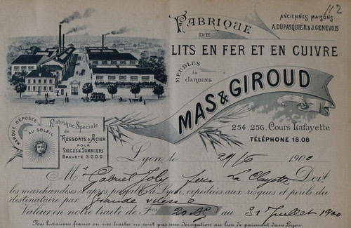 Facture lyon 1900 lit - facture, en