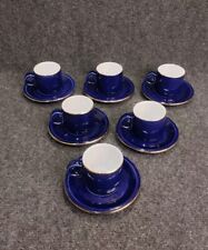 6 Belles Tasses Bistrot Bleu Et Doré Vintage Expresso Porcelaine Épaisse 