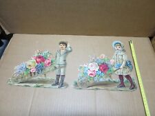CHILDREN Flower Wheelbarrows Pair of Antique Large Embossed Cutout Chromos