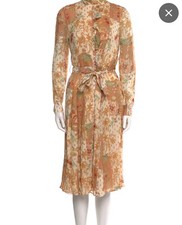 Sezane Loree Dress Camel Patchwork Floral Belted Luxury Effortless 38 (Bust 34”)
