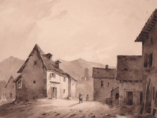 École Lyonnaise 19° XIXe PAYSAGE DE MONTAGNE HAMEAU ANIMÉ Dessin LAVIS D'ENCRE