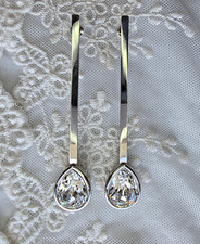 Signed Dyrberg/Kern Earrings Pear Clear Crystal Drop Post Silver Tone 2 7/8"