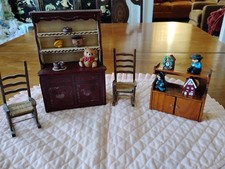 VTG H P WOODEN  DOLL HOUSE FURNITURE-HUTCH-REED BOTTOM ROCKERS-CABINET MINIATURE