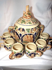 Gerz German Rumtopf Castle Stoneware Punch bowl Tureen Set with 6 Mugs Germany
