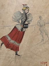Très Belle Peinture Femme Uniforme 1896 A Identifier Patin A Glace Patinoire Art