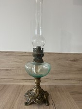 Beautiful 20th Century Bronze Oil Lamp Blue Glass Color.