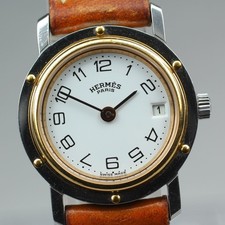 Montre femme vintage Hermès Clipper date quartz cadran blanc 24 mm ceinture...