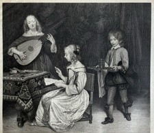 Ter Borch / Gaujean Engraving Eau Forte Etching Le Concert Guitare Luth 1883