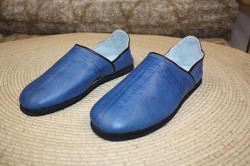 Babouches cuir bleu - babouches,