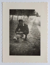 Man Kitchen Stove Camping Country Path - Vintage Photo Snapshot