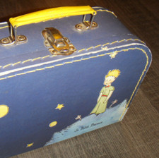 SMALL PRINCE Antique Blue Cardboard Suitcase Stitched Metal Handle Briefcase Suitcase