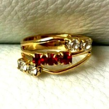 Pur Vintage BAGUE NEUVE doré & strass ROUGE réglable Ring ajustable Red & Gold 