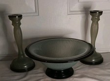 Art DECO INDIANA GLASS RIBBED CONSOLE SET BLACK GREEN Candle Sticks