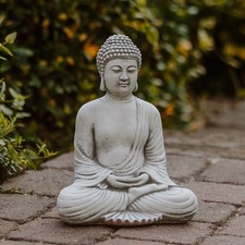 Statue statuette en pierre Bouddha Feng-Shui 30 cm 6 kg gris béton blanc rési...