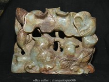 10 "Xiu Jade sculpté Fengshui Lotus Fleur Mandarin Statue d'oiseau canard