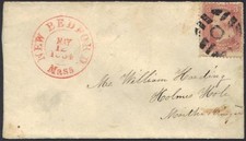 U.S. 1864 NEW BEDFORD MASS IN RED & FANCY CANCEL ON 3¢ WASH.