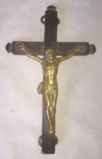 OLD CRUCIFIX CROSS RELIGION JESUS SOLID BRONZE and BLACKENED WOOD 18-19 centuries