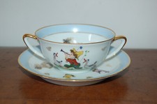 tasse déjeuner porcelaine Jammet Seignolles Limoges blanche bleue et or dessin