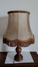Turned wooden floor lamp skin lampshade and fringed braid / vintage 