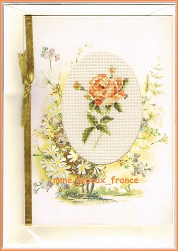 Carte brodée main rose jaune - rose,