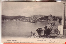 POSTCARD TERMS IMERESE TRAVELLED 1905 PANORAMA FROM THE PORT ANIMATED DARK WAGON