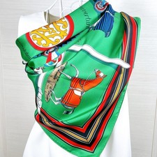 Vintage HERMES Carre 90 Silk Scarf "Couvertures Et Tenues De Jour" Green Used