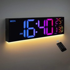 16" Large Digital Wall Clock, Big LED Display with Remote, 8 RGB Color, Alarm, D
